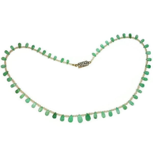 Belle Epoque necklace with emerald drop shapes pearls and diamond closure